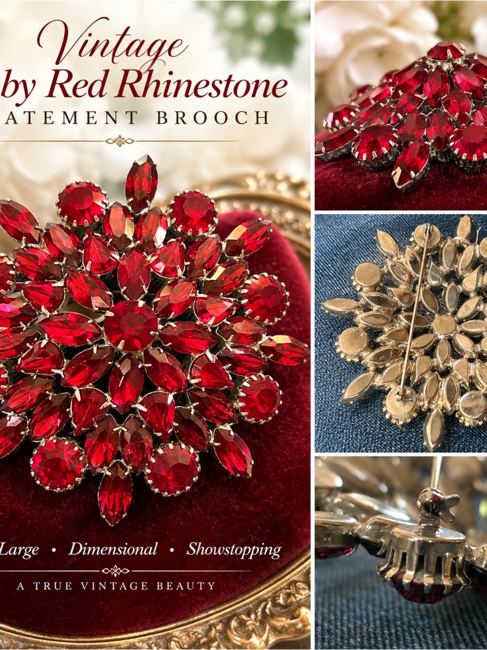 Vintage Extra Large Statement Brooch - Red Crystal Floral Pin